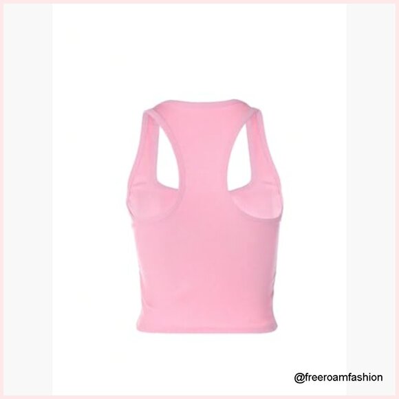 Rhinestone Letter Racerback Crop Tank Top Rib Knit Square Neck Sleeveless - Picture 4 of 7